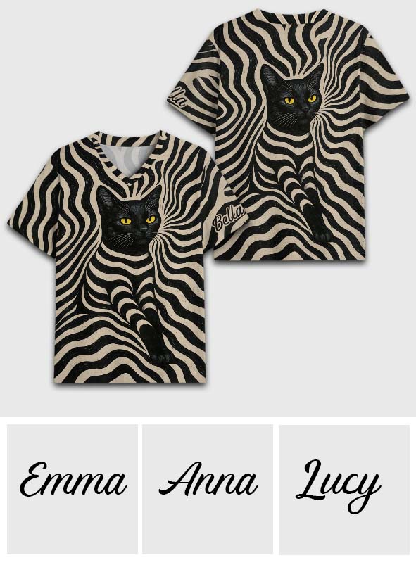 Cool Psychedelic Style Artistic Black Cat - Personalized Black Cat Fully Printed V-Neck T-Shirt