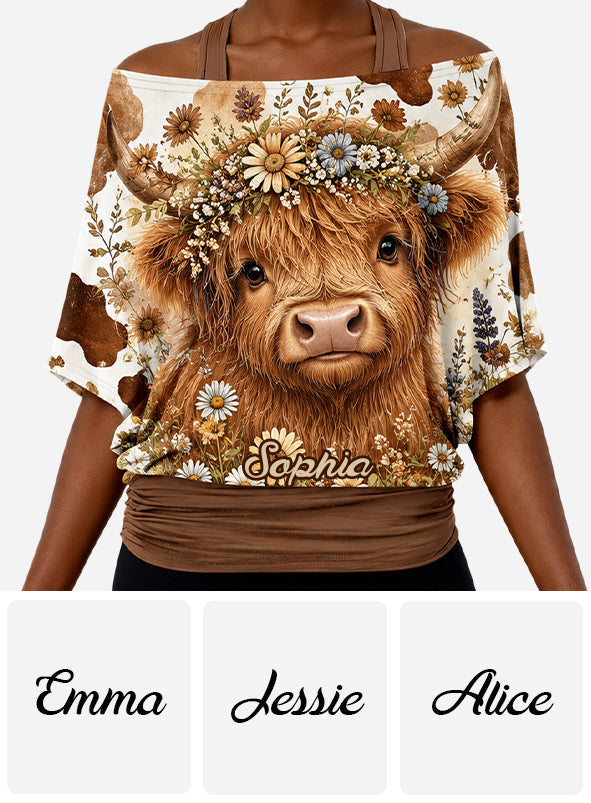 Cute Highland Cows - Personalized Highland Cow Off-Shoulder Top Set