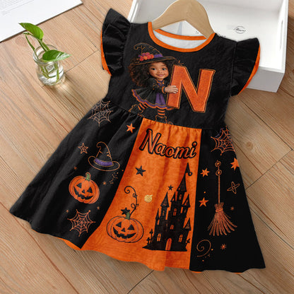 Halloween Initial Gift For Kids - Personalized Kid Kid Ruffle Sleeve Dress