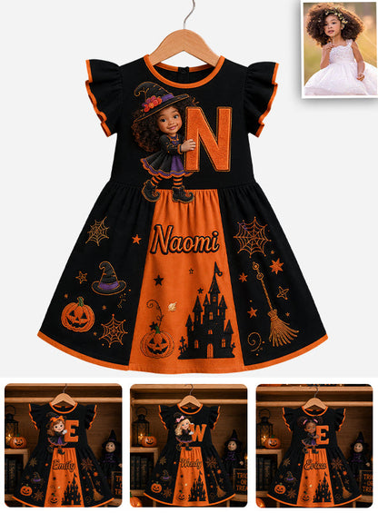 Halloween Initial Gift For Kids - Personalized Kid Kid Ruffle Sleeve Dress