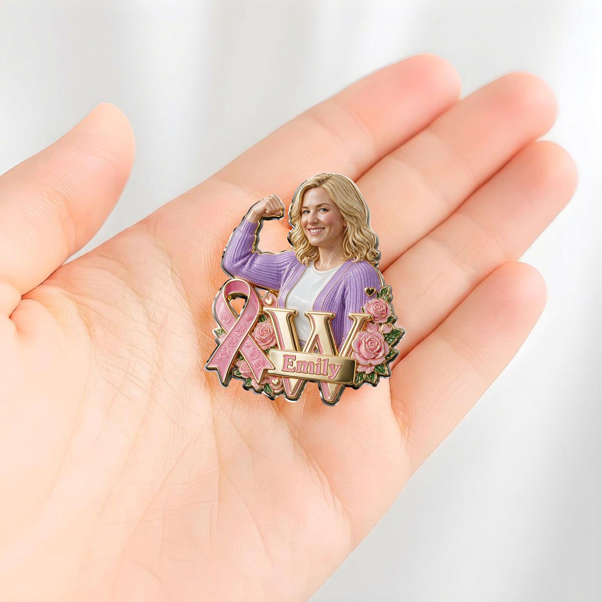 In This Fight, No One Stands Alone - Personalized Breast Cancer Awareness 3D Embossed Enamel Pin