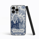 Mother Gift Idea, Blue Toile De Jouy Pattern - Personalized Mother 3D Embossed Leather Phone Case