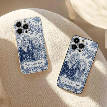 Mother Gift Idea, Blue Toile De Jouy Pattern - Personalized Mother 3D Embossed Leather Phone Case