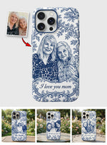 Mother Gift Idea, Blue Toile De Jouy Pattern - Personalized Mother 3D Embossed Leather Phone Case