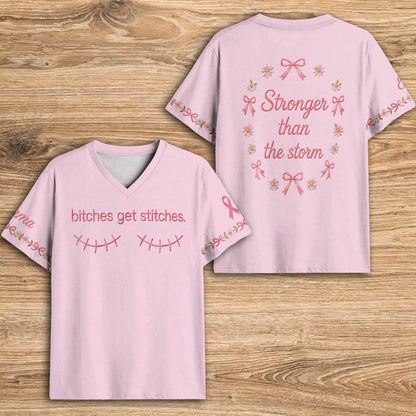 Breast Cancer Awareness, B*tches Get Stitches - Personalized Breast Cancer Awareness Fully Printed V-Neck T-Shirt