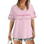 Breast Cancer Awareness, B*tches Get Stitches - Personalized Breast Cancer Awareness Fully Printed V-Neck T-Shirt