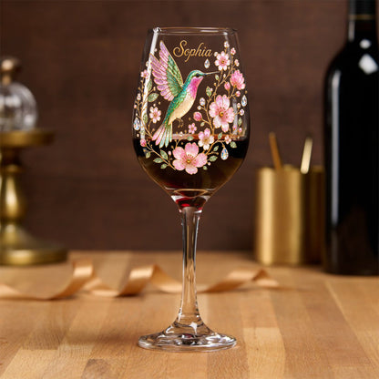Pink Floral Hummingbird - Personalized Hummingbird Wine Glass With Long Stem