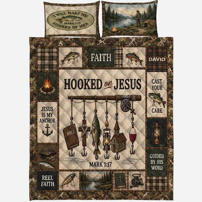 Fishing Lovers Gift, Hooked On Jesus - Personalized Fishing Quilt Set