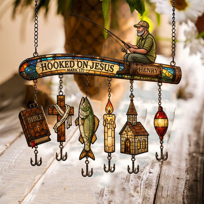 Hooked On God - Personalized Fishing Window Hanging Suncatcher With Custom Charms