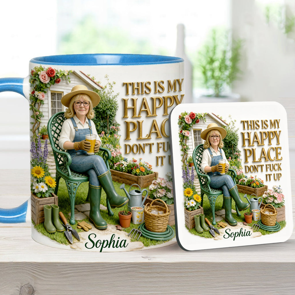 Garden Is My Happy Place - Personalized Gardening Accent Mug & Coaster