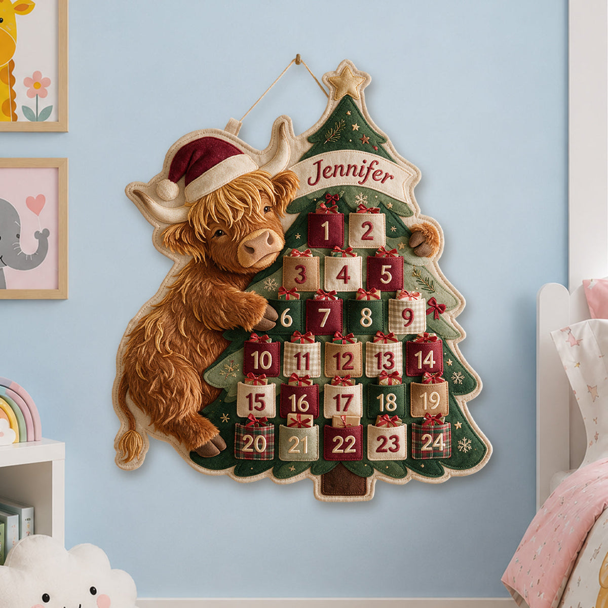 Just Waiting For Christmas - Personalized Highland Cow Fabric Advent Calendar
