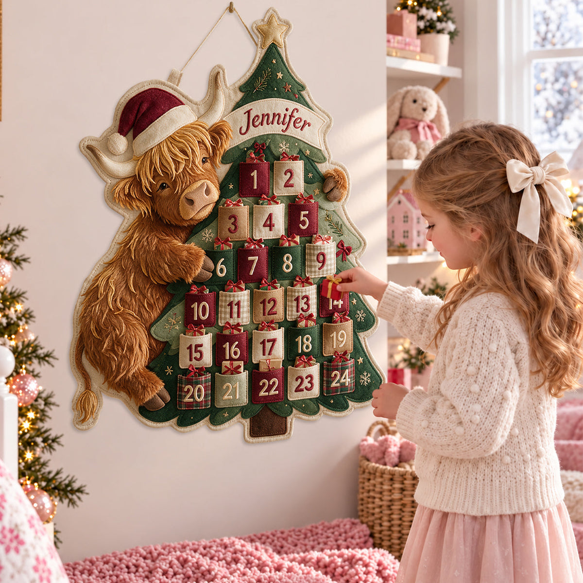 Just Waiting For Christmas - Personalized Highland Cow Fabric Advent Calendar