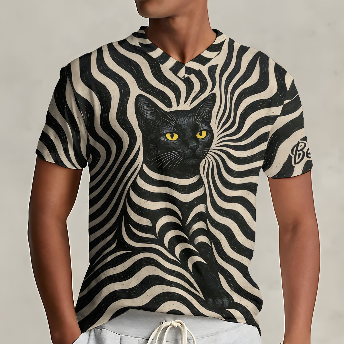 Cool Psychedelic Style Artistic Black Cat - Personalized Black Cat Fully Printed V-Neck T-Shirt