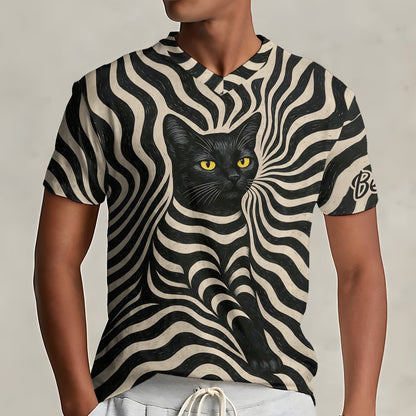 Cool Psychedelic Style Artistic Black Cat - Personalized Black Cat Fully Printed V-Neck T-Shirt