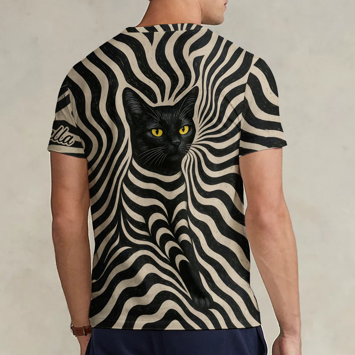 Cool Psychedelic Style Artistic Black Cat - Personalized Black Cat Fully Printed V-Neck T-Shirt