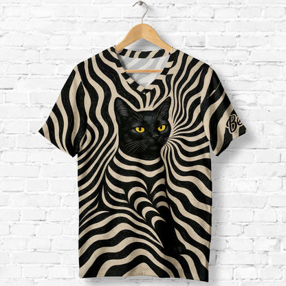 Cool Psychedelic Style Artistic Black Cat - Personalized Black Cat Fully Printed V-Neck T-Shirt