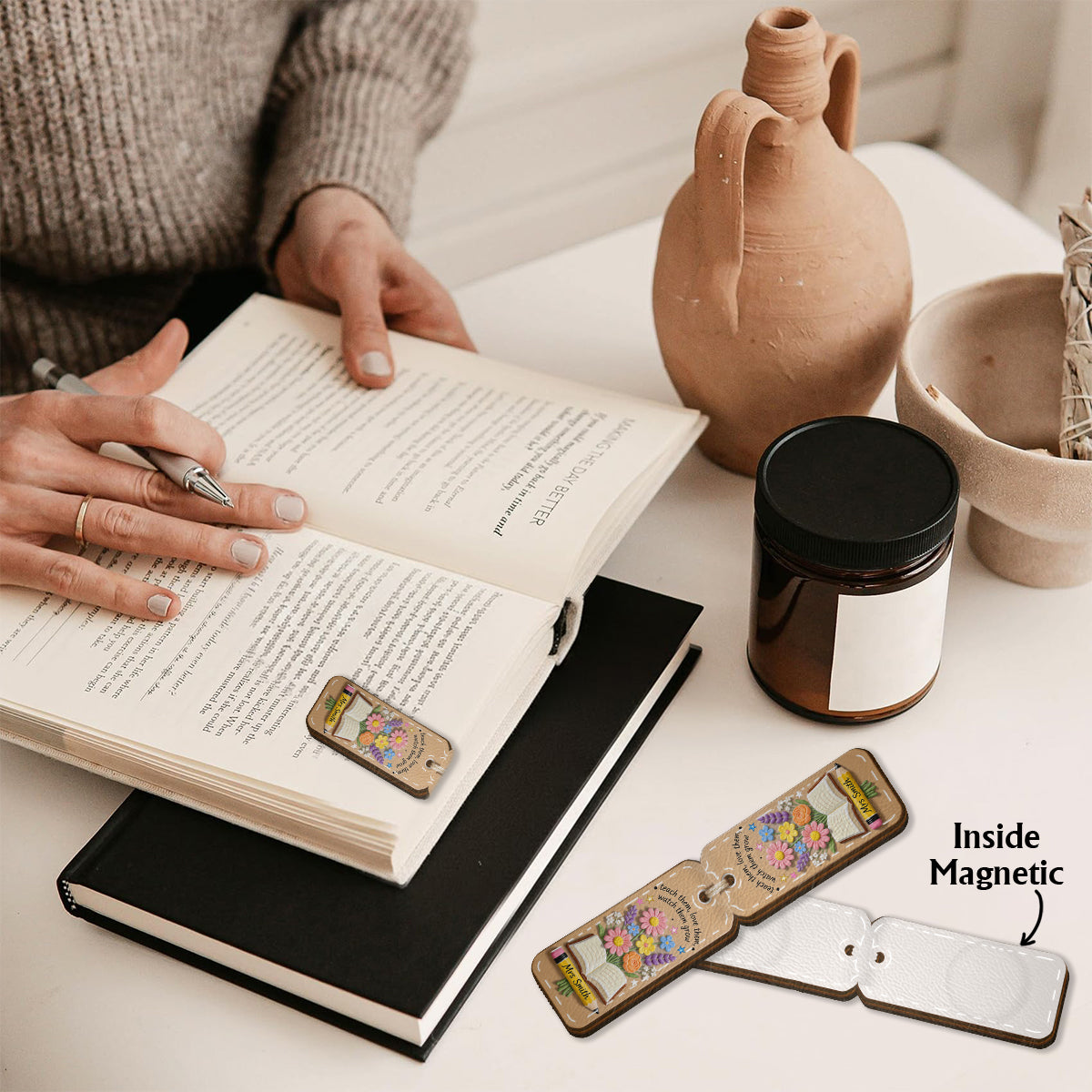Teacher Gifts Boho Kraft - Personalized Teacher Shaped Magnetic Bookmark