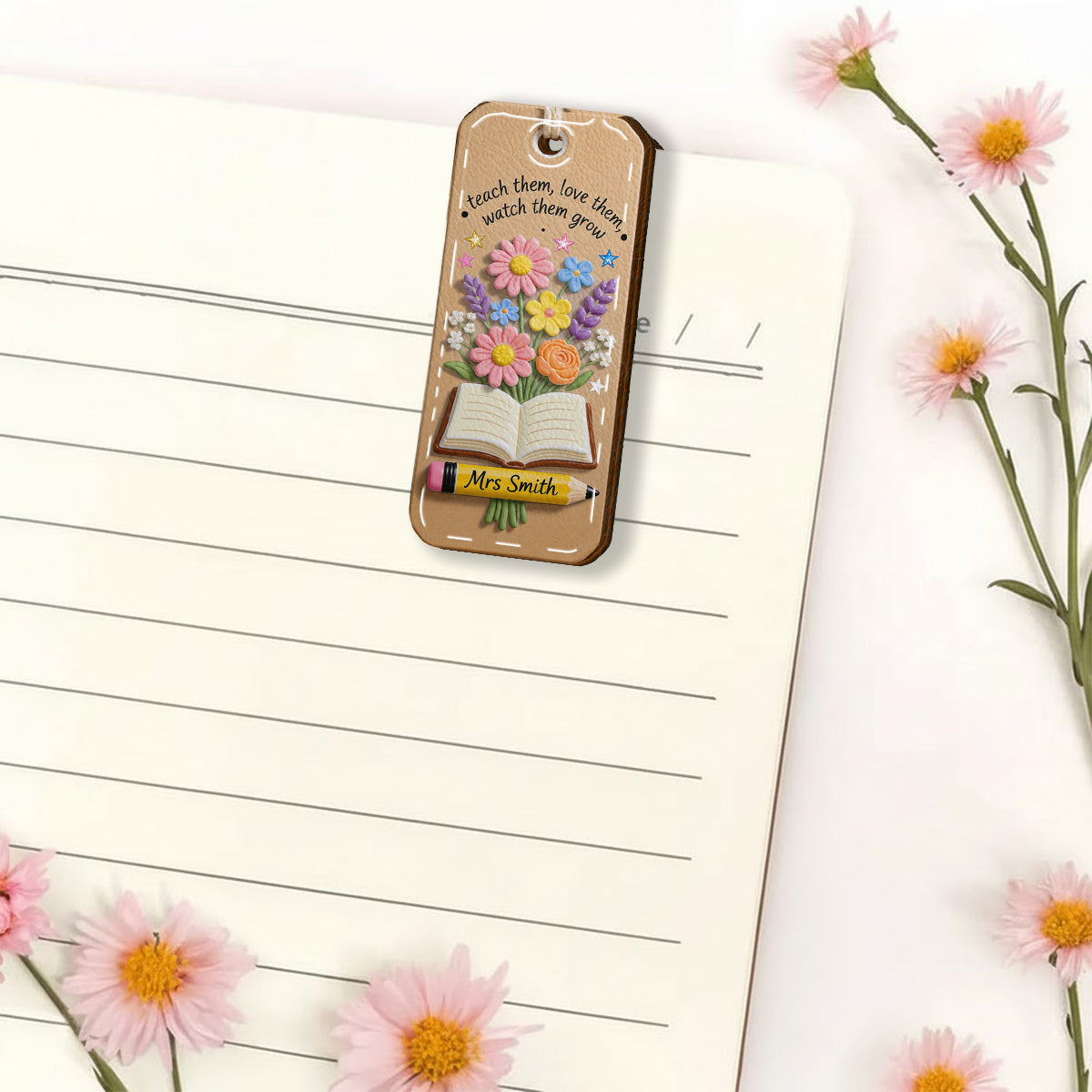 Teacher Gifts Boho Kraft - Personalized Teacher Shaped Magnetic Bookmark