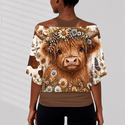 Cute Highland Cows - Personalized Highland Cow Off-Shoulder Top Set
