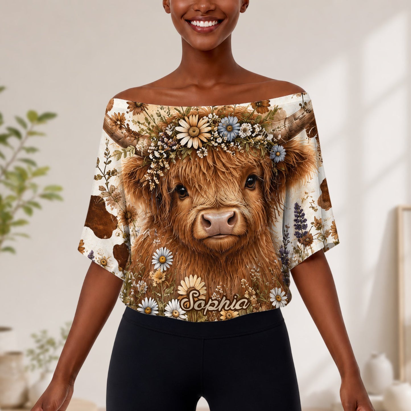 Cute Highland Cows - Personalized Highland Cow Off-Shoulder Top Set