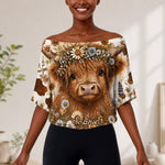Cute Highland Cows - Personalized Highland Cow Off-Shoulder Top Set