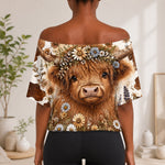 Cute Highland Cows - Personalized Highland Cow Off-Shoulder Top Set
