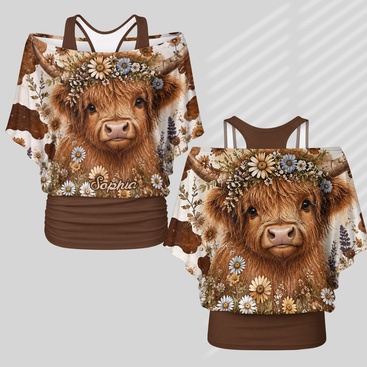 Cute Highland Cows - Personalized Highland Cow Off-Shoulder Top Set