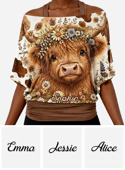 Cute Highland Cows - Personalized Highland Cow Off-Shoulder Top Set