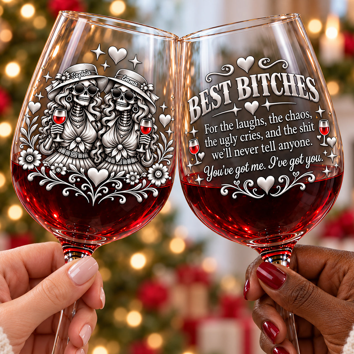 Chaos Together - Personalized Bestie Wine Glasses Set With Wooden Box