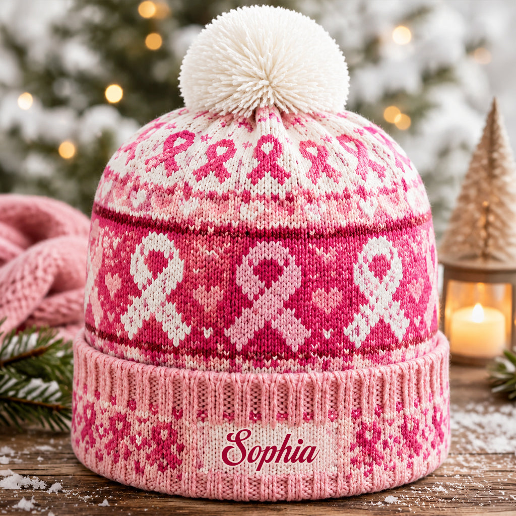 Pink Ribbon Love & Hope - Personalized Breast Cancer Awareness Beanie Hat