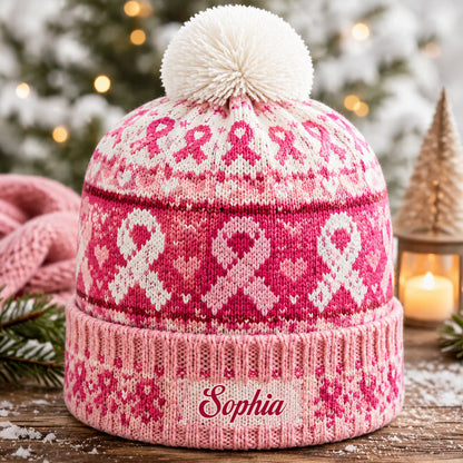 Pink Ribbon Love & Hope - Personalized Breast Cancer Awareness Beanie Hat