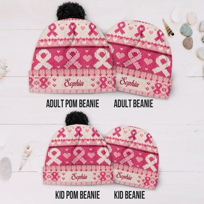 Pink Ribbon Love & Hope - Personalized Breast Cancer Awareness Beanie Hat
