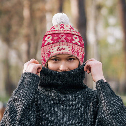 Pink Ribbon Love & Hope - Personalized Breast Cancer Awareness Beanie Hat