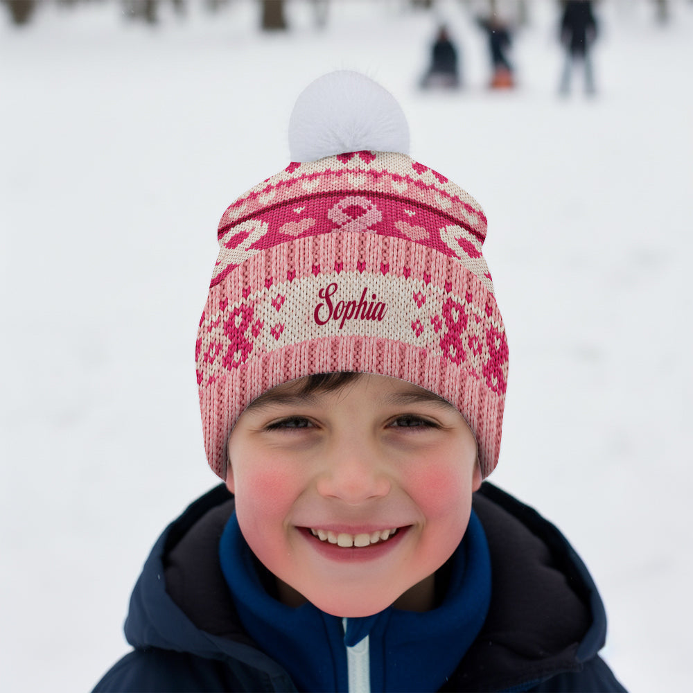 Pink Ribbon Love & Hope - Personalized Breast Cancer Awareness Beanie Hat