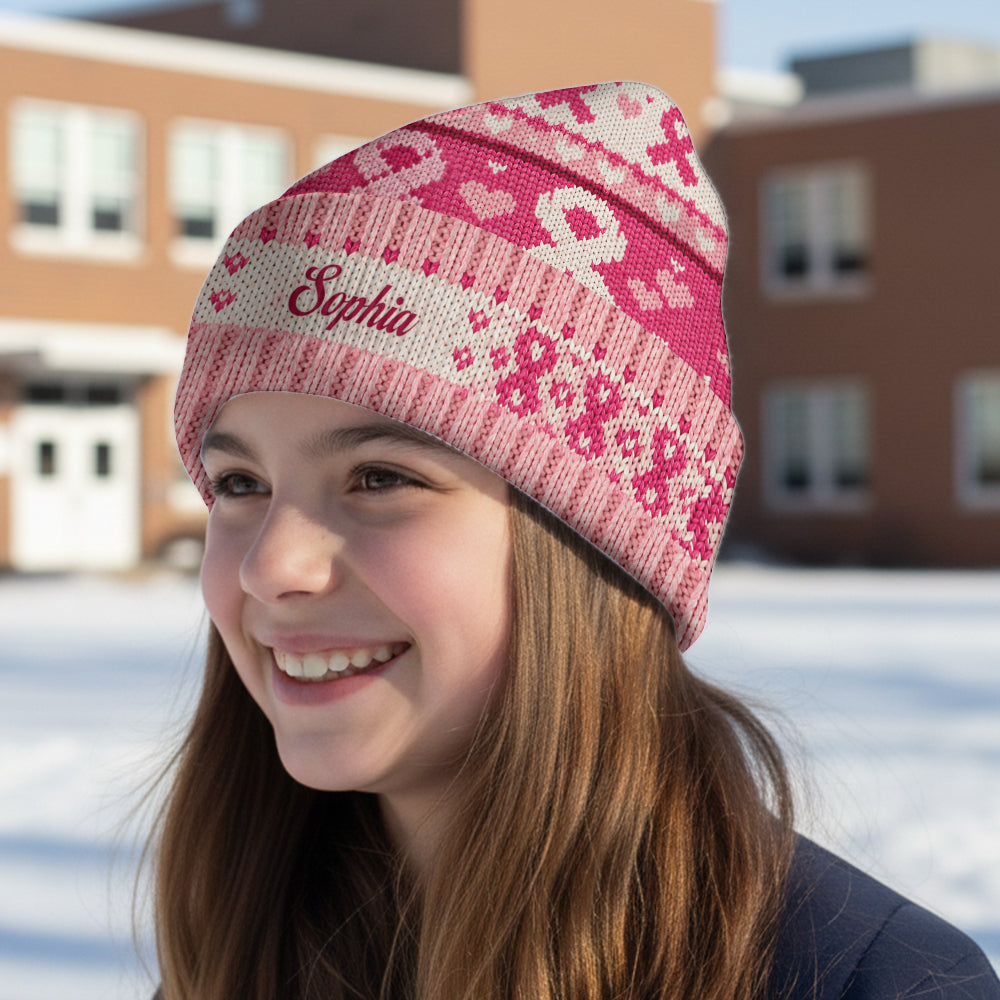 Pink Ribbon Love & Hope - Personalized Breast Cancer Awareness Beanie Hat