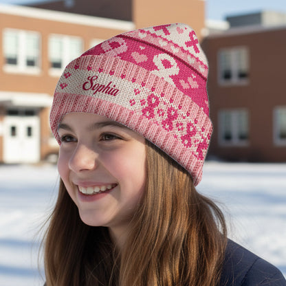 Pink Ribbon Love & Hope - Personalized Breast Cancer Awareness Beanie Hat