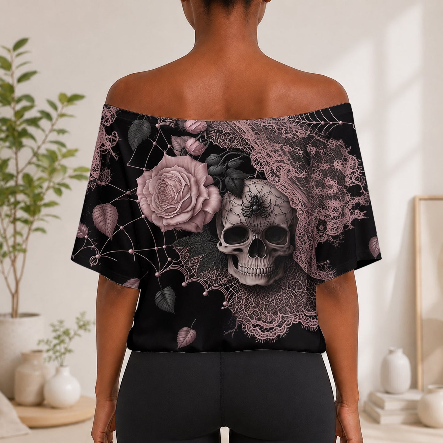 Beautiful Rose Skull - Personalized Skull Off-Shoulder Top Set