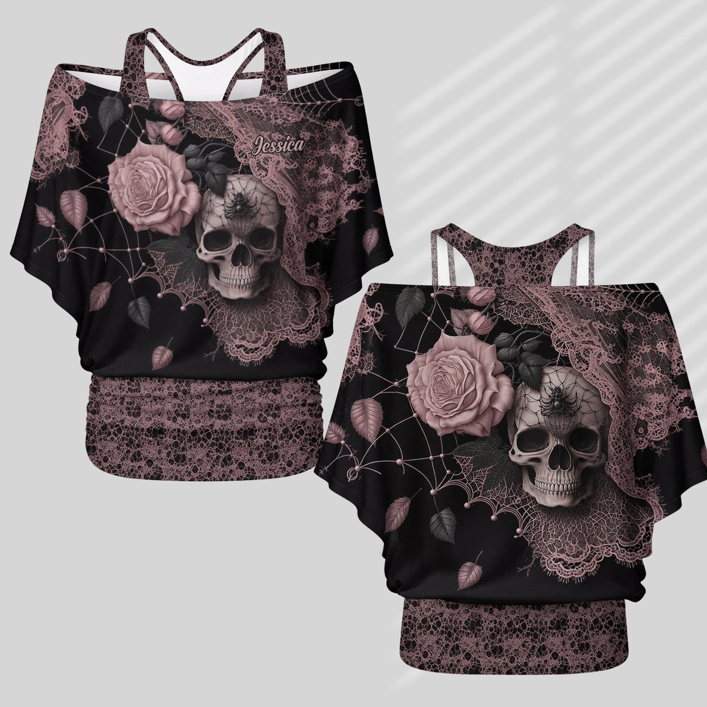 Beautiful Rose Skull - Personalized Skull Off-Shoulder Top Set