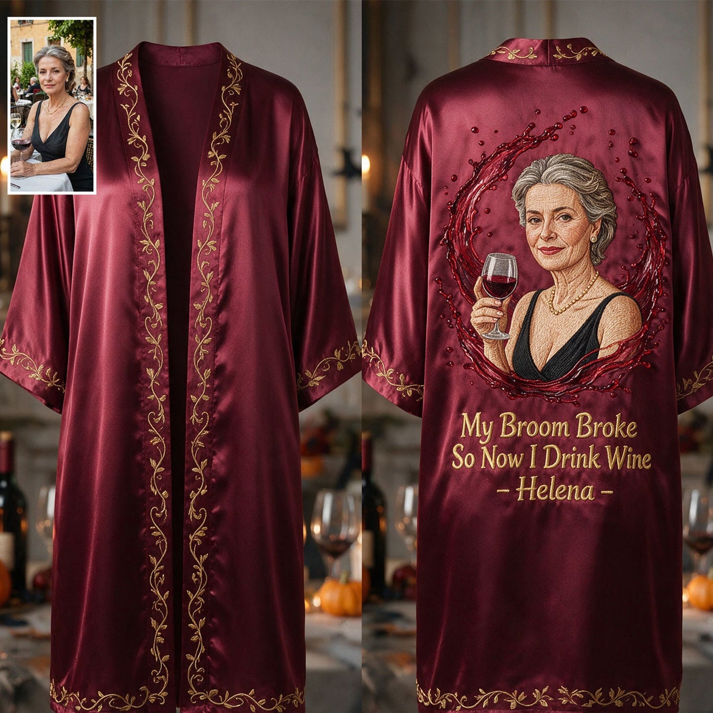 My Broom Broke - Personalized Wine Satin Robe