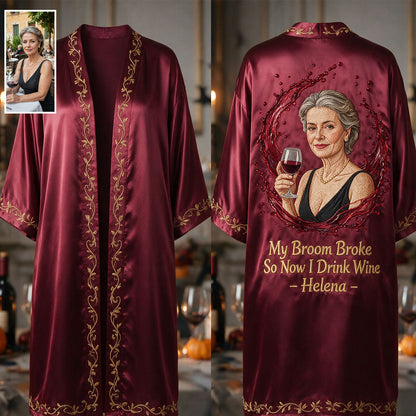 My Broom Broke - Personalized Wine Satin Robe