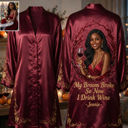 My Broom Broke - Personalized Wine Satin Robe