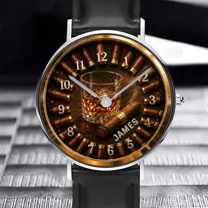 Whiskey and Cigar, Gift for Men - Personalized Whisky Hand Watch