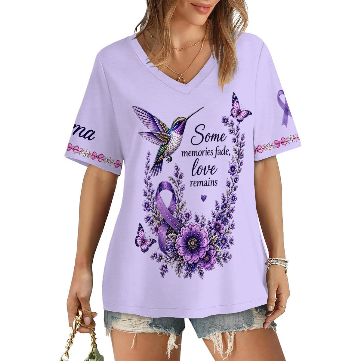 Fight Against Alzheimer, Alzheimer Awareness Gift - Personalized Alzheimer Awareness Fully Printed V-Neck T-Shirt