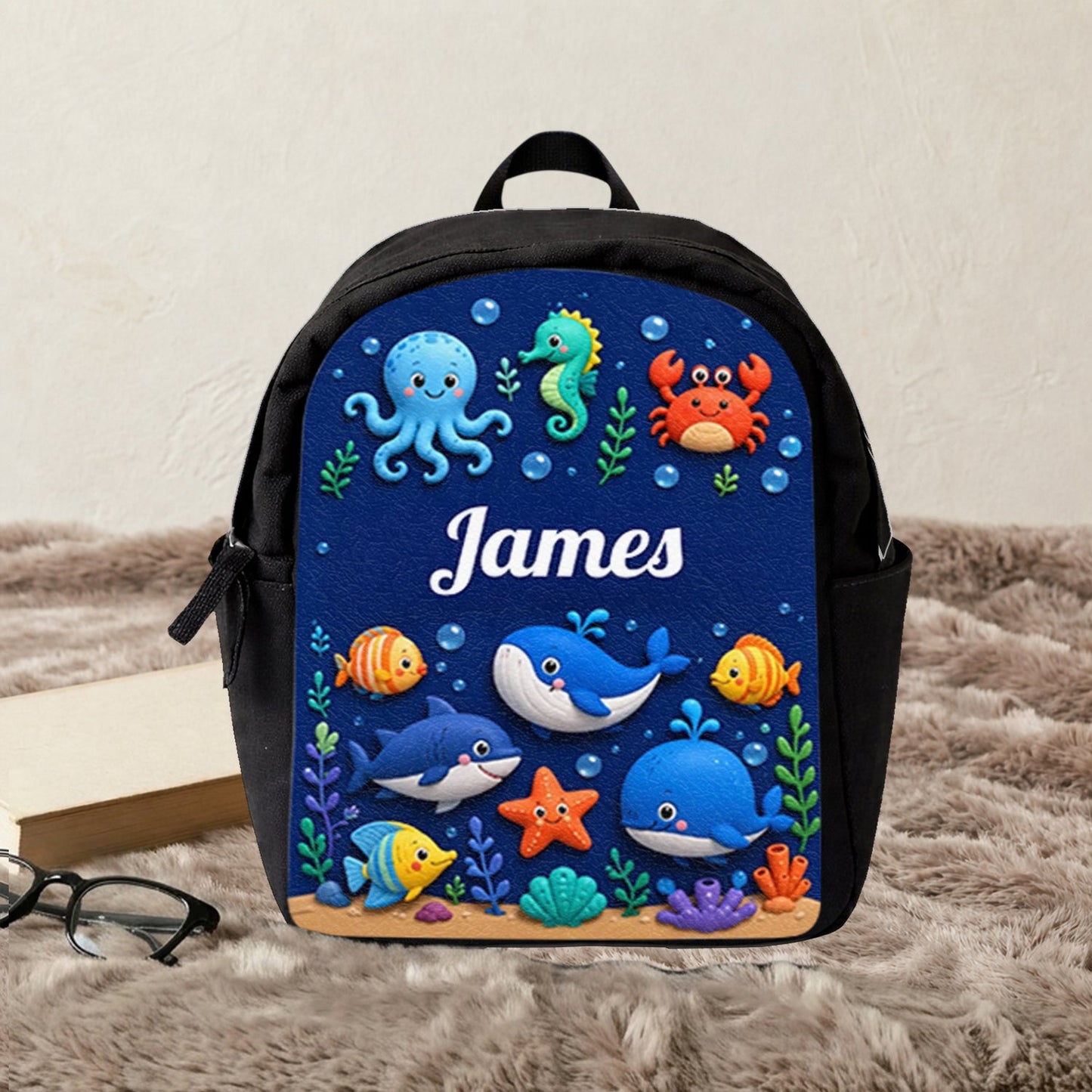 Ocean Life, Back To School Gift - Personalized Kid Changeable Leather Patch Backpack