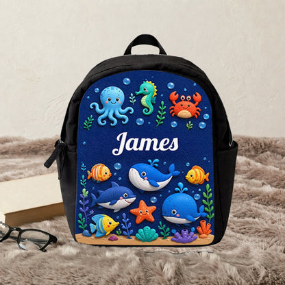 Ocean Life, Back To School Gift - Personalized Kid Changeable Leather Patch Backpack
