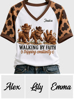 Walking By Faith Tripping Constantly - Personalized Highland Cow Fully Printed V-Neck T-Shirt