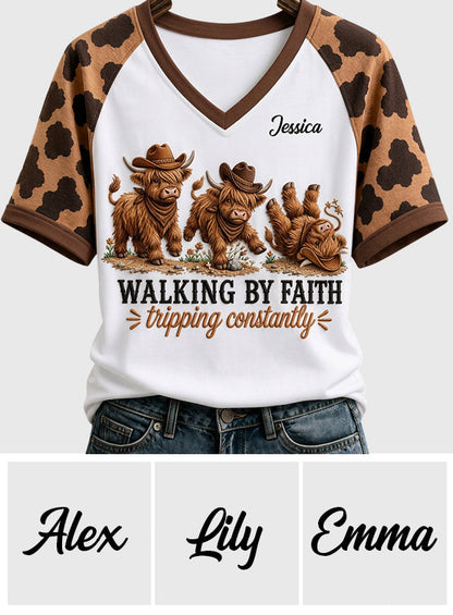 Walking By Faith Tripping Constantly - Personalized Highland Cow Fully Printed V-Neck T-Shirt