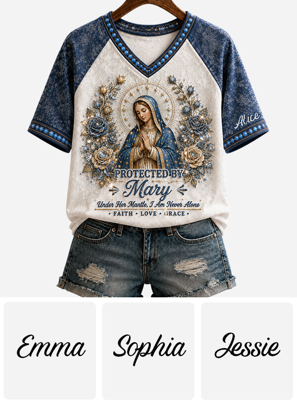 Protected By Mary - Personalized Christian Fully Printed V-Neck T-Shirt