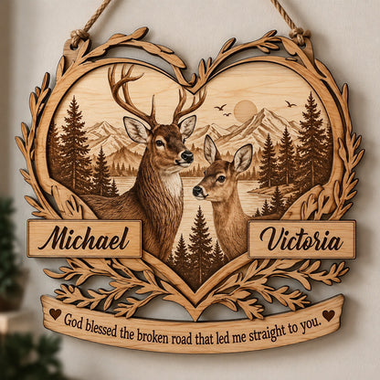 God Blessed The Broken Road That Led Me Straight To You - Personalized Couple Custom Shaped Wood Sign
