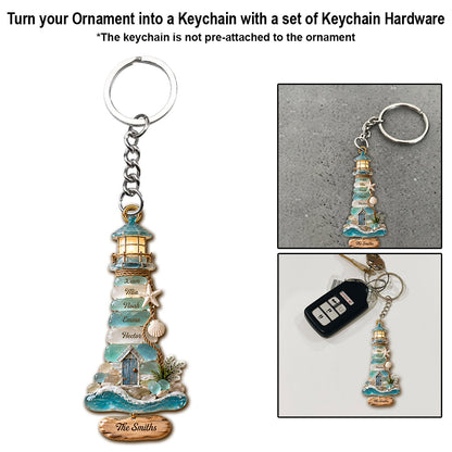 Coastal Sea Glass Lighthouse Christmas - Personalized Family Ornament